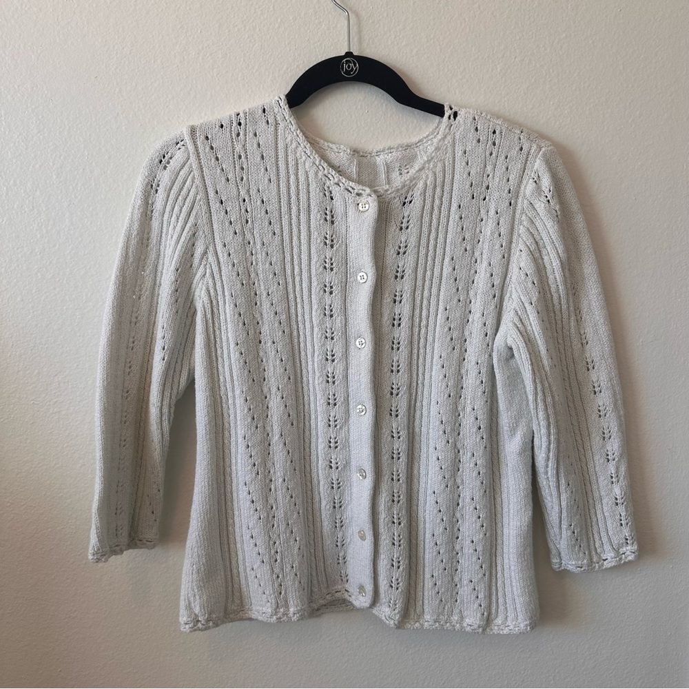 Vintage white cream knitted 3/4 sleeve cardigan sweater medium good condition